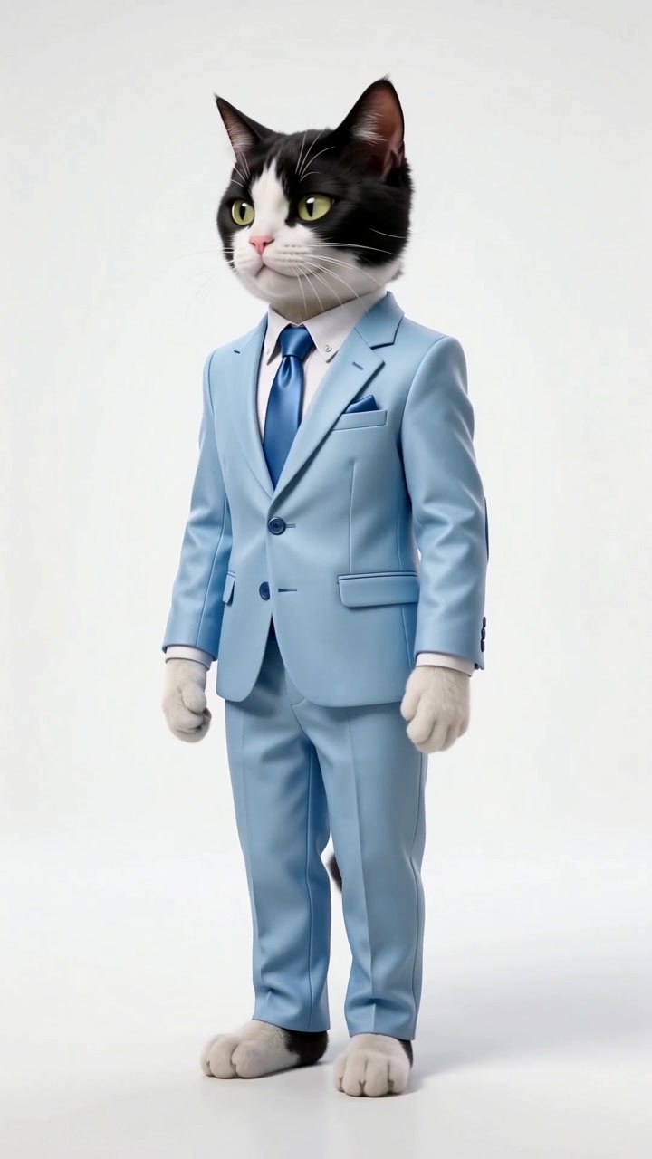 Direttore, a black-and-white cat wearing a light blue suit and a blue tie