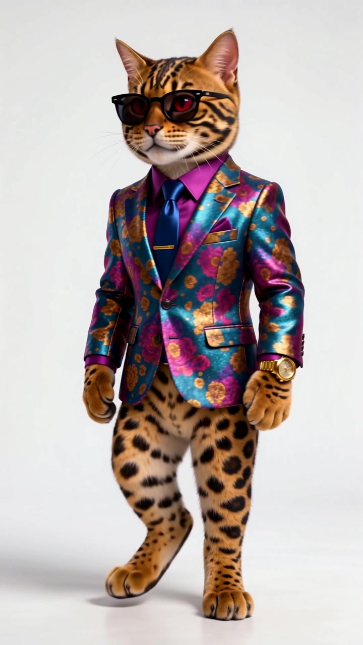 Influencer, a spotted cat with dark glasses, a colourful jacket and a magenta shirt
