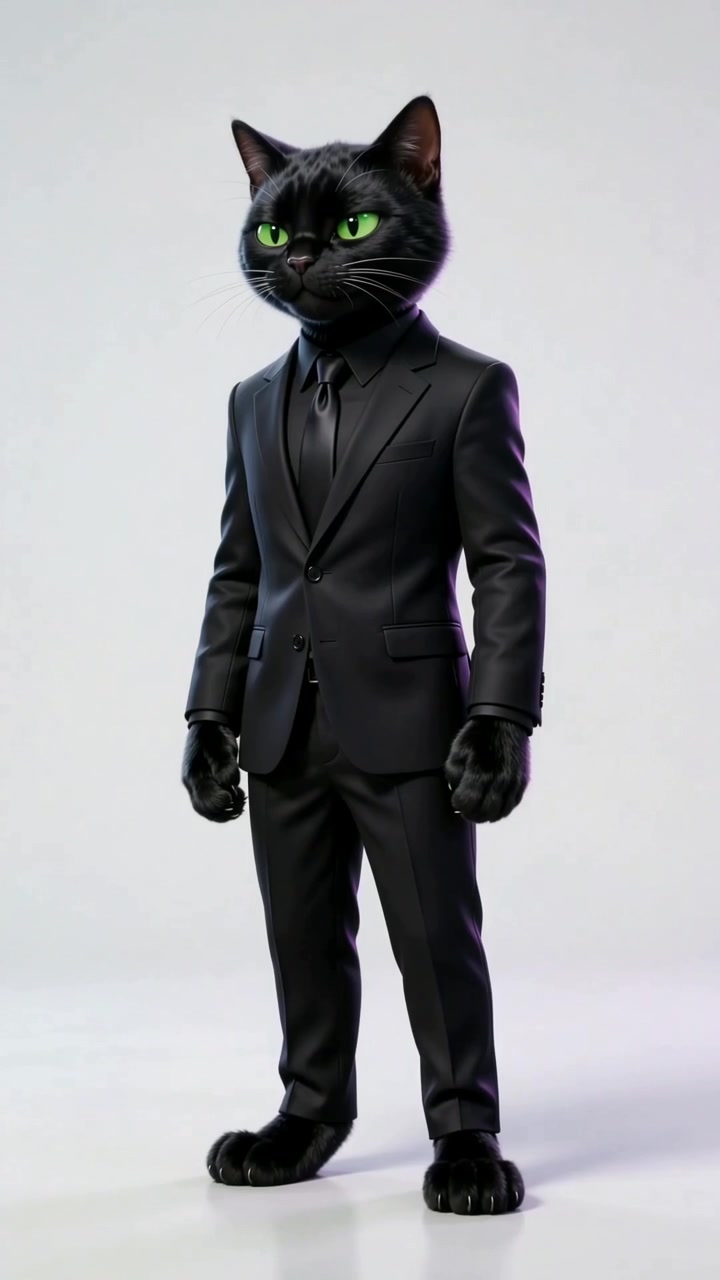 Nero, a black cat with green eyes wearing a dark suit and tie